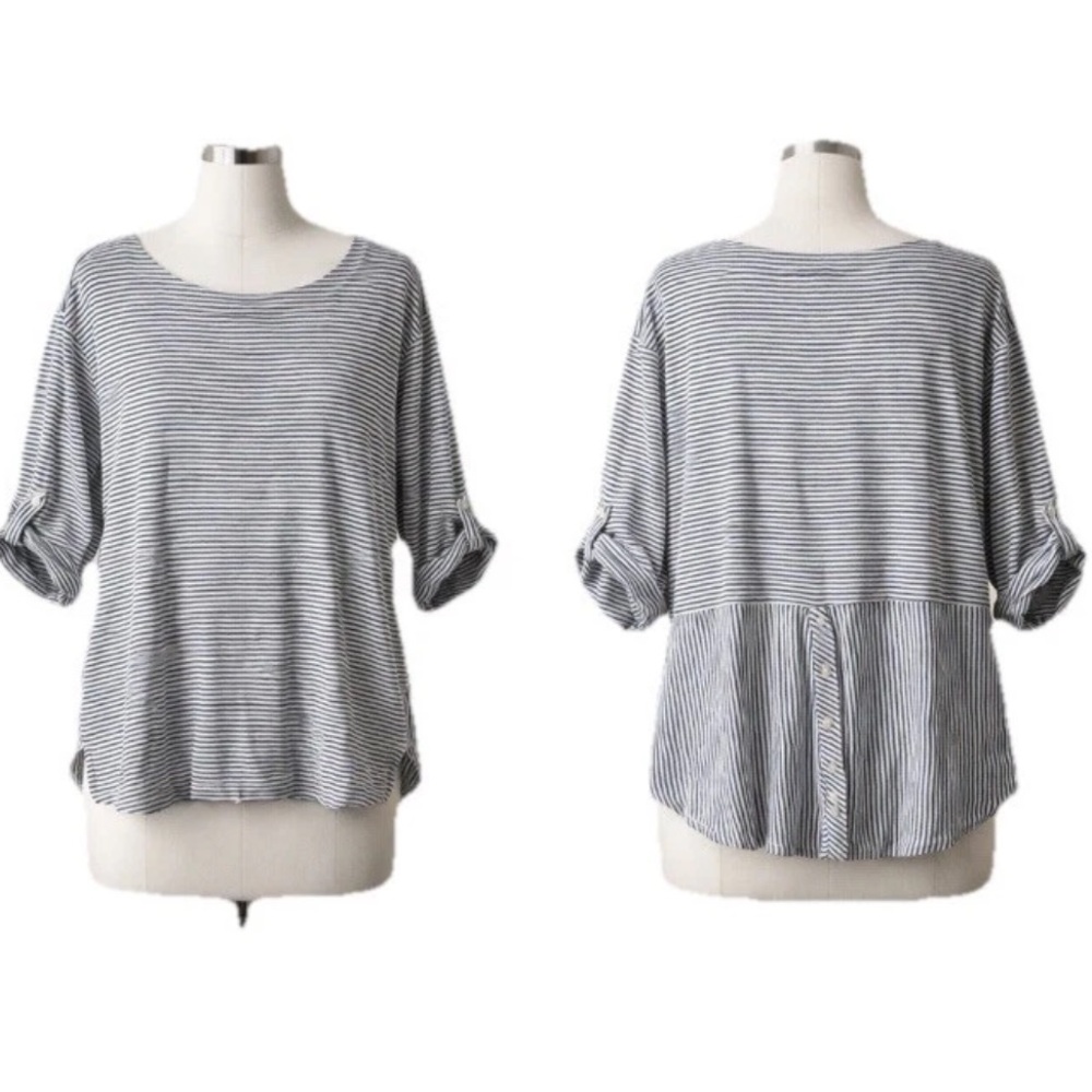 Adrienne Vittadini Striped Roll-Tab Tunic - Blue & White